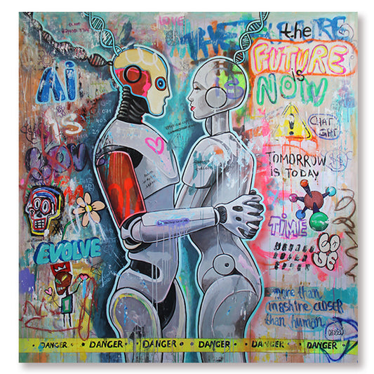 Large original artwork depicting two AI robots in love, featuring futuristic pop art style by Kristin Kossi, 145 x 150 cm.
