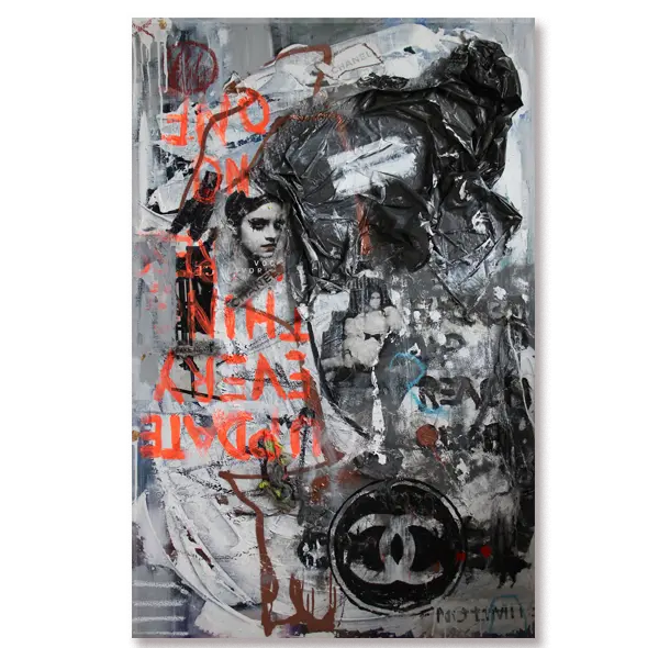 Experimental abstract artwork featuring the Chanel logo, depicted in a monochromatic urban style.