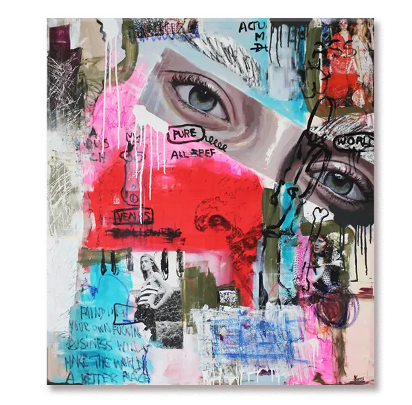 Abstract pop art featuring eyes and parts of a female face against a vibrant, colorful background, created in graffiti style by Kristin Kossi. The artwork reflects the hidden aspects of the fashion world.