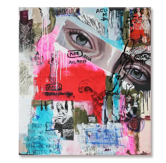 Abstract pop art featuring eyes and parts of a female face against a vibrant, colorful background, created in graffiti style by Kristin Kossi. The artwork reflects the hidden aspects of the fashion world.