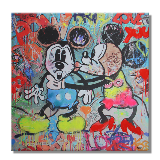 Colorful artwork of Mickey and Minnie Mouse cartoon characters with vibrant graffiti elements on a multicolored, expressive background.