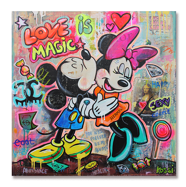 Mickey Mouse kissing Minnie Mouse, surrounded by floating money, diamonds, candies, and lollipops, symbolizing love, joy, and abundance by artist Krstin Kossi.