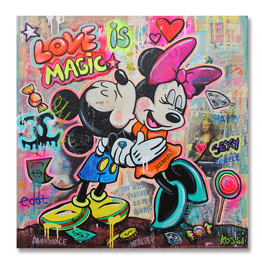Mickey Mouse kissing Minnie Mouse, surrounded by floating money, diamonds, candies, and lollipops, symbolizing love, joy, and abundance by artist Krstin Kossi.