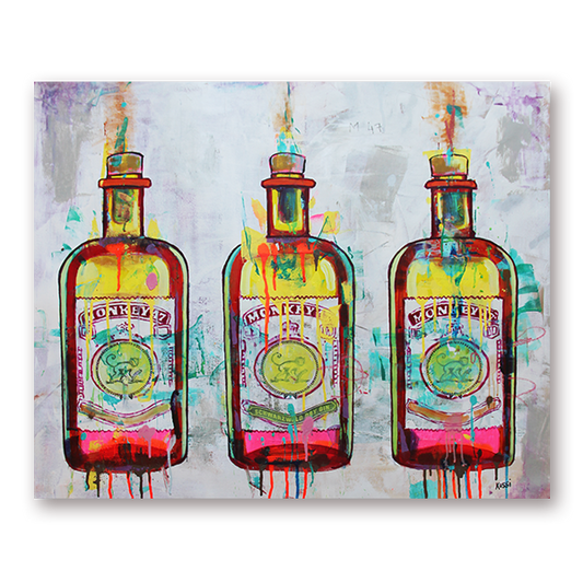 Colorful  painting of three Monkey 47 gin bottles on a white background.