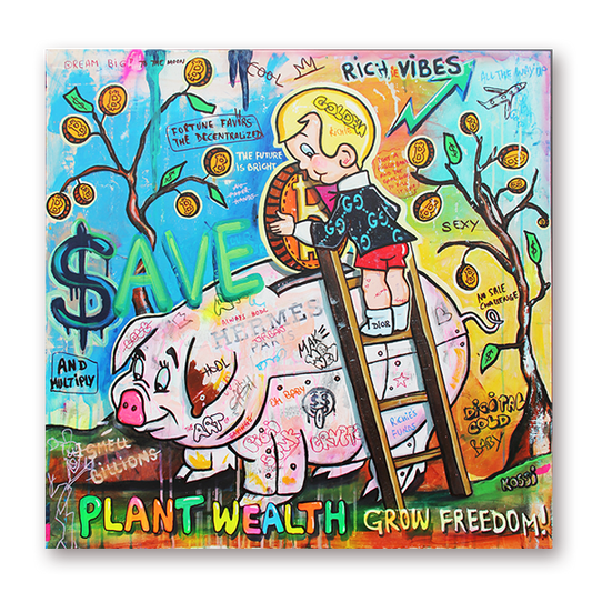 Colorful pop art painting by Kristin Kossi of Richie Rich holding a large Bitcoin, standing next to an oversized piggy bank and surrounded by money trees. Crypto-inspired artwork on canvas, 80 x 80 cm.