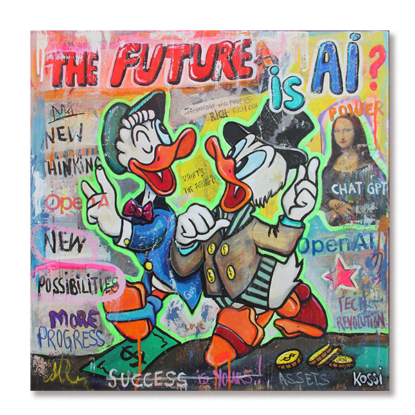 Kristin Kossi pop art of Scrooge McDuck and Gustav exploring AI’s positive future.