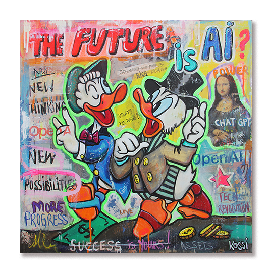 Kristin Kossi pop art of Scrooge McDuck and Gustav exploring AI’s positive future.