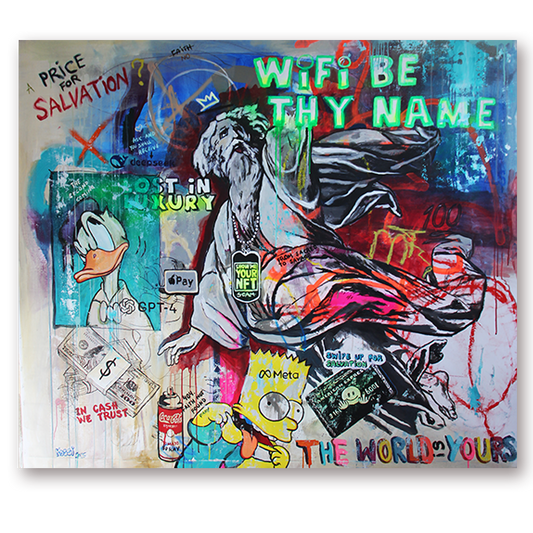 Large mixed media artwork blending religious symbols and modern technology themes with bold pop art style by Kristin Kossi, measuring 160 x 150 cm.