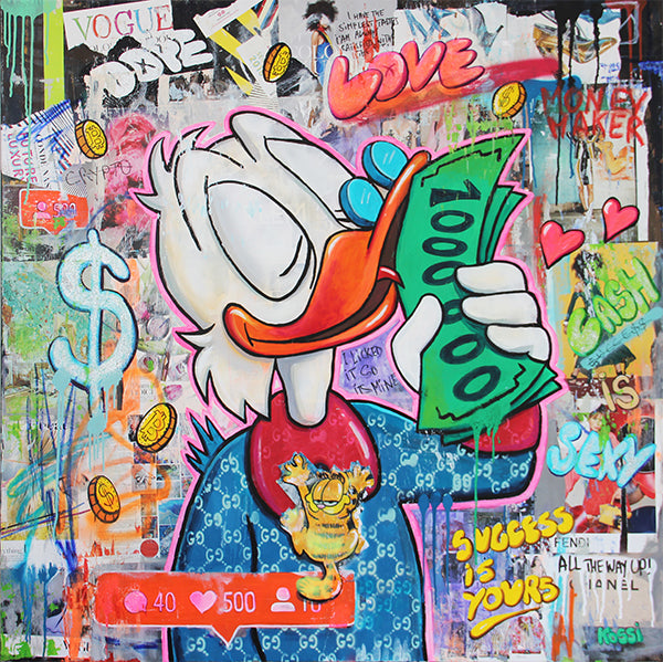 Urban pop art depicting Scrooge McDuck licking stacks of dollar bills, created in Kristin Kossi’s vibrant, graffiti-inspired style.