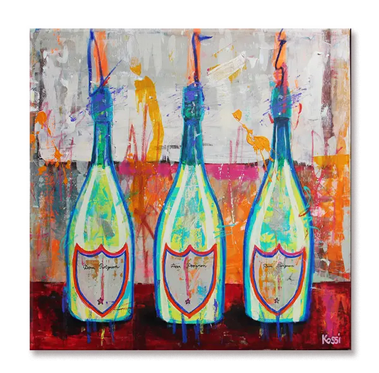 Pop art painting featuring three colorful Dom Perignon bottles in a vibrant arrangement.