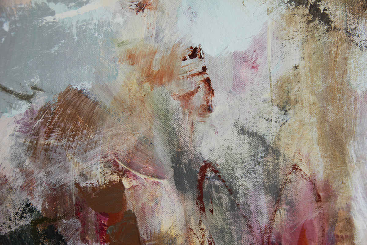 An abstract expressionist painting close-up by Kristin Kossi featuring textured, gestural brushstrokes in muted tones of beige, gray, brown, white, and soft pink.