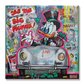 Pop art painting featuring Scrooge McDuck driving a silver Porsche oldtimer
