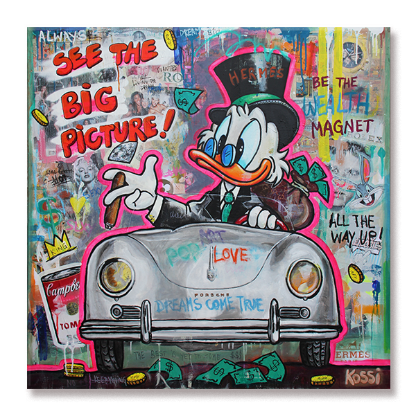 Pop art painting featuring Scrooge McDuck driving a silver Porsche oldtimer