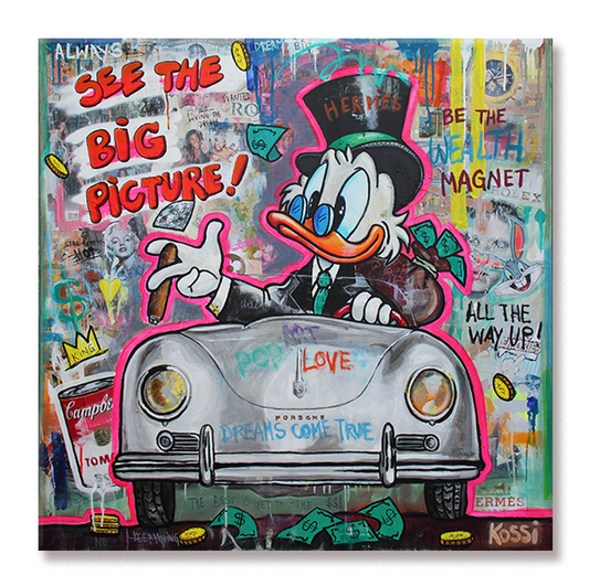Pop art painting featuring Scrooge McDuck driving a silver Porsche oldtimer