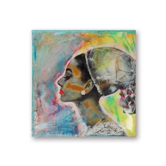 Elegant pop art portrait of Audrey Hepburn in soft pastel colors with silver accents, created by artist Kristin Kossi on a 25 x 25 cm canvas.