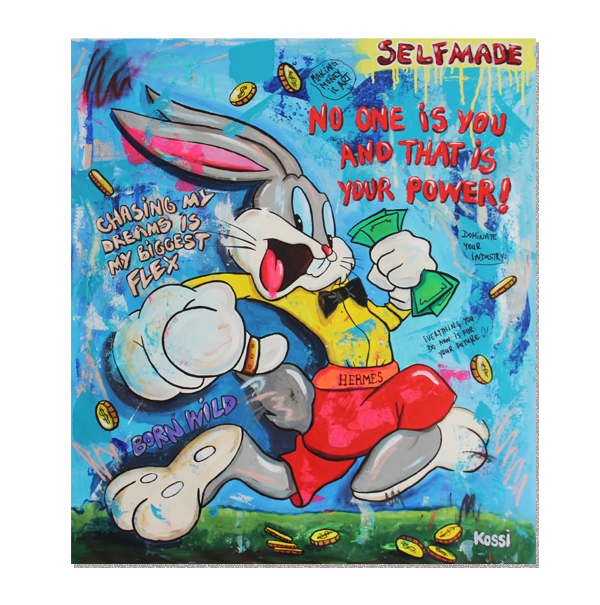 Acrylic and aerosol on canvas artwork featuring Bugs Bunny with money and text phrases.