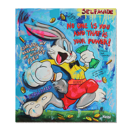 Acrylic and aerosol on canvas artwork featuring Bugs Bunny with money and text phrases.