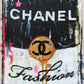 Pop art canvas print featuring a Chanel-inspired fashion soup can with bold colors and expressive paint splashes by Kristin Kossi