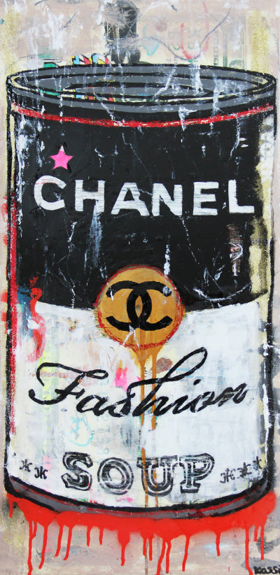 Pop art canvas print featuring a Chanel-inspired fashion soup can with bold colors and expressive paint splashes by Kristin Kossi