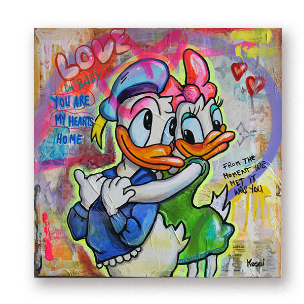 Pop art painting of Donald Duck and Daisy Duck in love depicted in vibrant style.