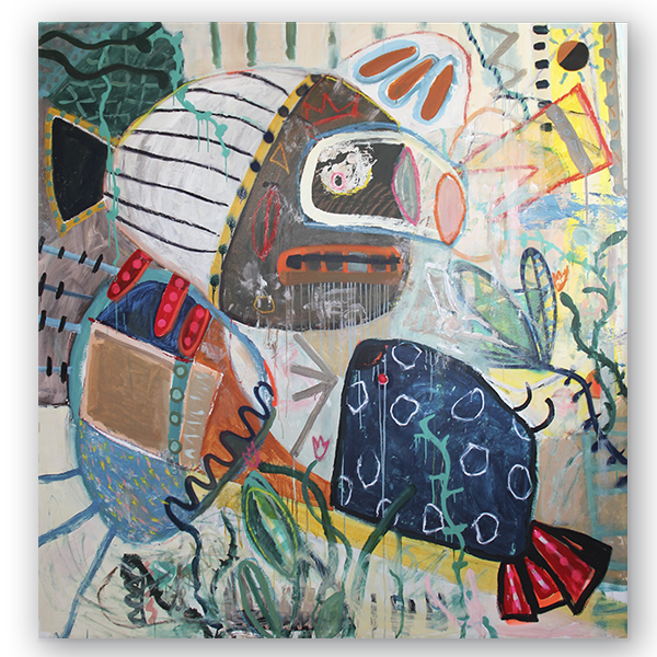 Emerging Forms, original 200 x 200 cm abstract painting by Kristin Kossi with organic forms, neo-expressionist influences, acrylic, oil stick and aerosol on canvas.