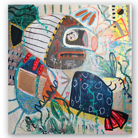 Emerging Forms, original 200 x 200 cm abstract painting by Kristin Kossi with organic forms, neo-expressionist influences, acrylic, oil stick and aerosol on canvas.