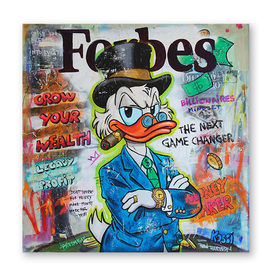 Scrooge McDuck Pop Art painting portrayed as a billionaire businessman on a Forbes-inspired cover, surrounded by graffiti about money, investment, success and legacy.