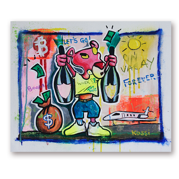 Pop art painting of Pink Panther with champagne bottles, money bag, and private jet by artist Kristin Kossi.