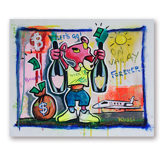 Pop art painting of Pink Panther with champagne bottles, money bag, and private jet by artist Kristin Kossi.