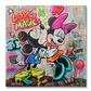 Mickey Mouse kissing Minnie Mouse, surrounded by floating money, diamonds, candies, and lollipops, symbolizing love, joy, and abundance by artist Krstin Kossi.