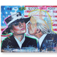A satirical artwork featuring US President Donald Trump and First Lady Melania Trump MAKING KISSES GREAT AGAIN painted in vibrant colors.