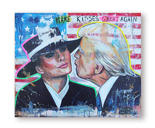 A satirical artwork featuring US President Donald Trump and First Lady Melania Trump MAKING KISSES GREAT AGAIN painted in vibrant colors.