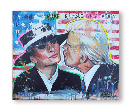 A satirical artwork featuring US President Donald Trump and First Lady Melania Trump MAKING KISSES GREAT AGAIN painted in vibrant colors.