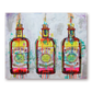 Colorful  painting of three Monkey 47 gin bottles on a white background.