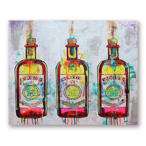Colorful  painting of three Monkey 47 gin bottles on a white background.
