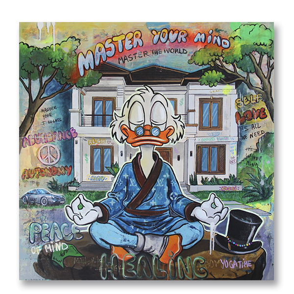 Scrooge McDuck meditating with eyes closed in front of a white villa and classic Porsche, with Master Your Mind and Healing quotes in a Pop Art painting by Kristin Kossi.