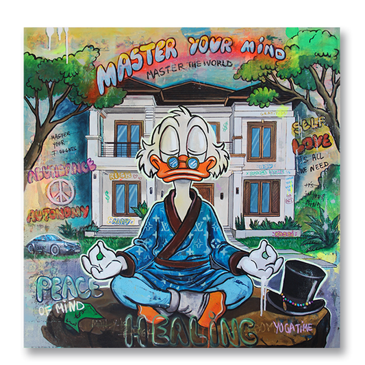 Scrooge McDuck meditating with eyes closed in front of a white villa and classic Porsche, with Master Your Mind and Healing quotes in a Pop Art painting by Kristin Kossi.