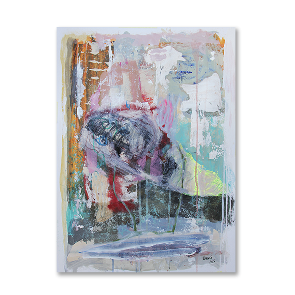 Still Becoming – original abstract artwork on paper by Kristin Kossi, featuring layered muted tones, gestural brushstrokes, and textured surfaces expressing transformation and presence
