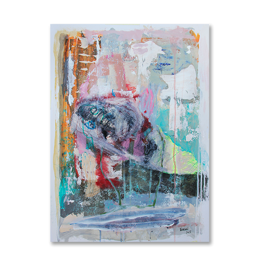 Still Becoming – original abstract artwork on paper by Kristin Kossi, featuring layered muted tones, gestural brushstrokes, and textured surfaces expressing transformation and presence