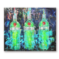 Three green gin bottles with red labels on a colorful abstract background