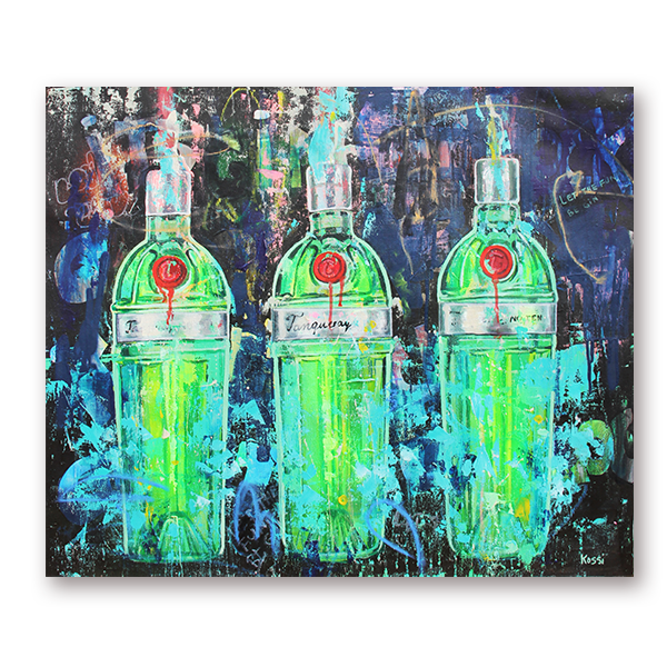 Three green gin bottles with red labels on a colorful abstract background