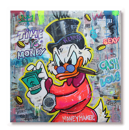 Scrooge McDuck counting cash wearing a big AP watch
