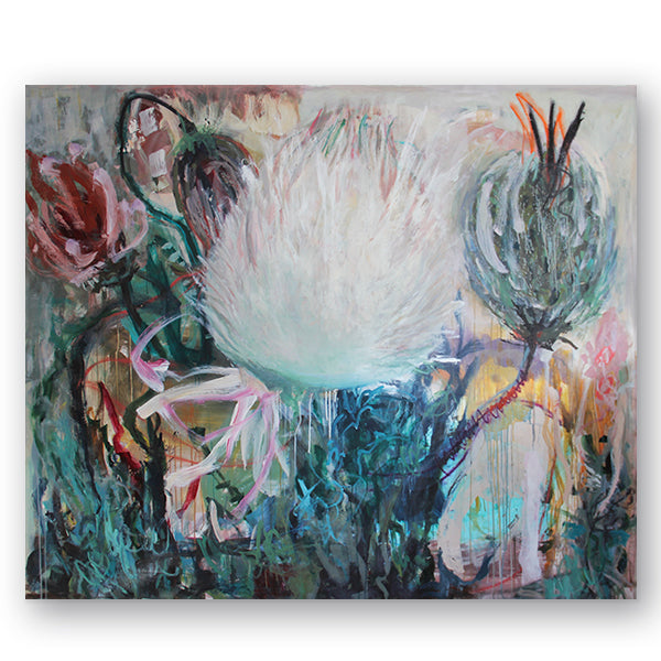 Where Light Settles by Kristin Kossi, original contemporary abstract painting, 200 × 170 cm, acrylic and oil stick on canvas featuring luminous organic forms, layered forest greens and atmospheric textures inspired by the wilderness of South Africa.