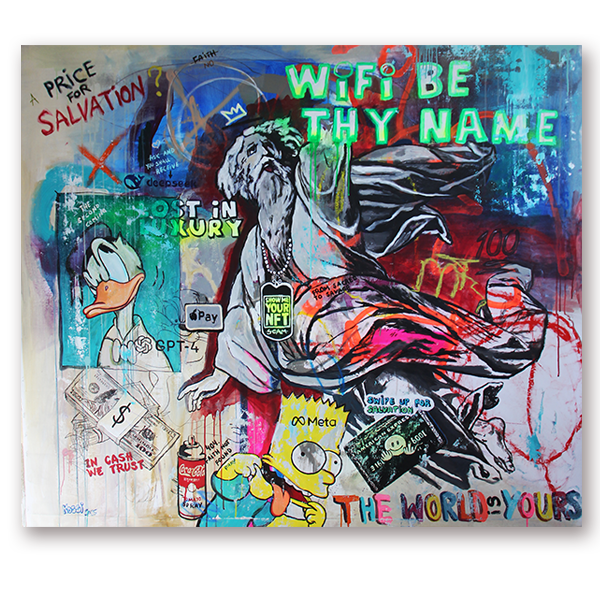 Large mixed media artwork blending religious symbols and modern technology themes with bold pop art style by Kristin Kossi, measuring 160 x 150 cm.
