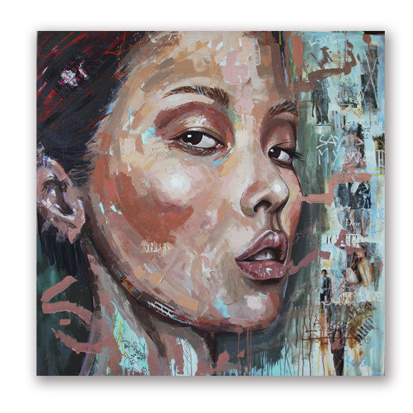 Abstract portrait of Asian woman by Kristin Kossi, 150 x 150 cm original painting