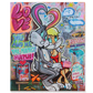 Bugs and Lola Bunny are depicted in vibrant pop art style sitting together happy in love on a bench