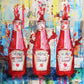 Pop art painting featuring three red Heinz ketchup bottles in a vibrant, stylized arrangement.