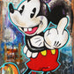 Pop art painting of Mickey Mouse showing the middle finger, depicted in vibrant colors and urban graffiti style