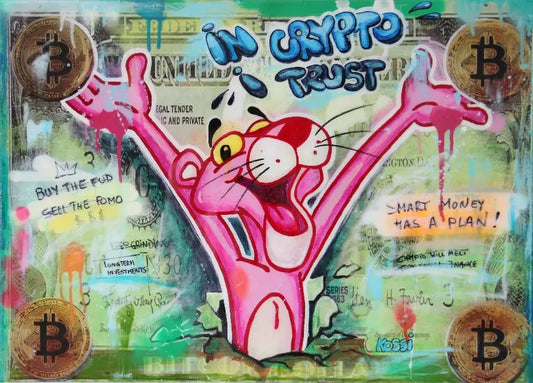 Original artwork showcasing Pink Panther on Bitcoin bill depicted in vibrant pop art style