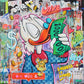 Urban pop art depicting Scrooge McDuck licking stacks of dollar bills, created in Kristin Kossi’s vibrant, graffiti-inspired style.